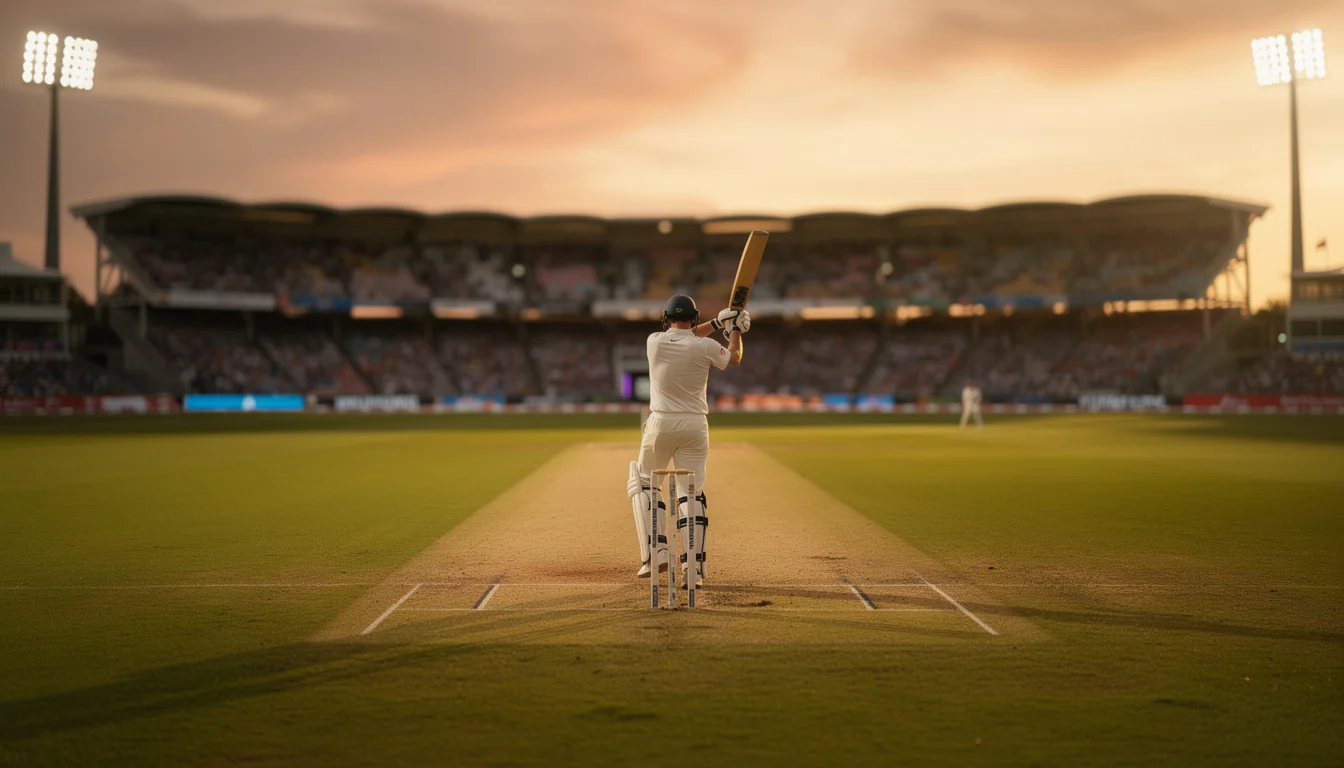 Campo da cricket illuminato durante una partita serale con pubblico sugli spalti