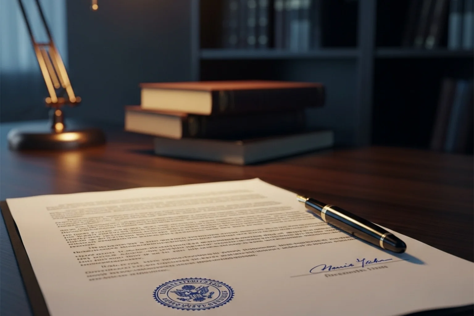 Documento ufficiale con timbro istituzionale su una scrivania in un ufficio governativo