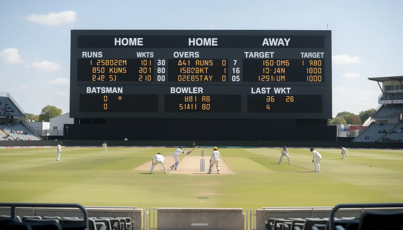Tabellone elettronico con quote e risultati di una partita di cricket in uno stadio