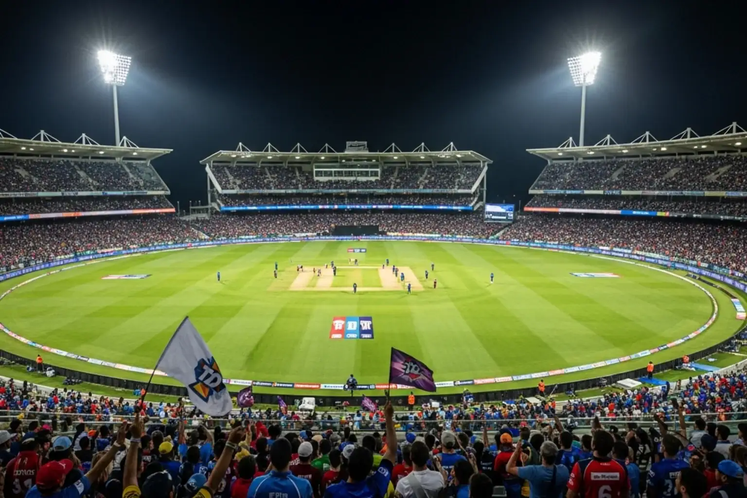 Stadio di cricket gremito di spettatori durante una partita serale della Indian Premier League